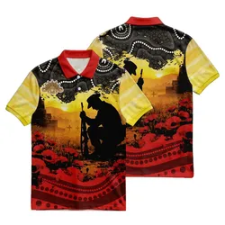 Lest We Forget Polo Shirt Aboriginal Soldier Memorial Silhouette Red Poppy