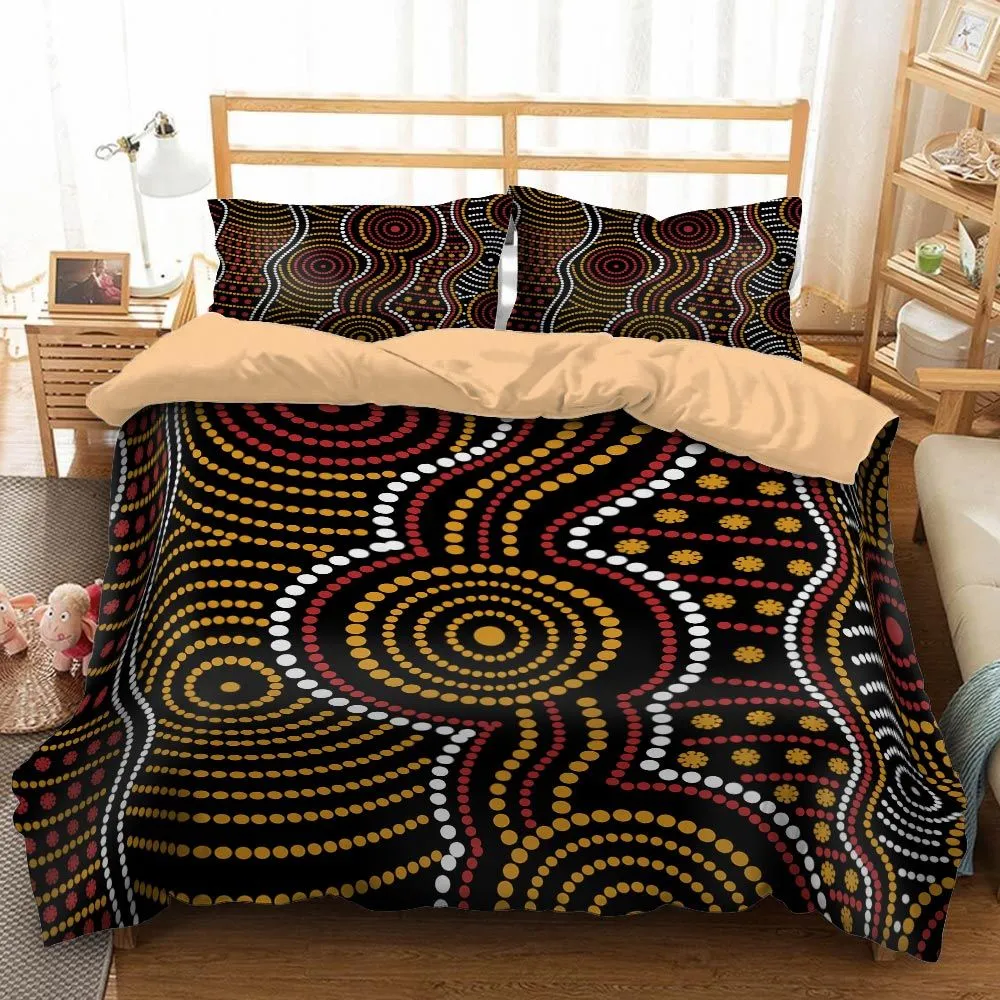 Aboriginal Dot Painting Bedding Set Waterhole Red And Yellow