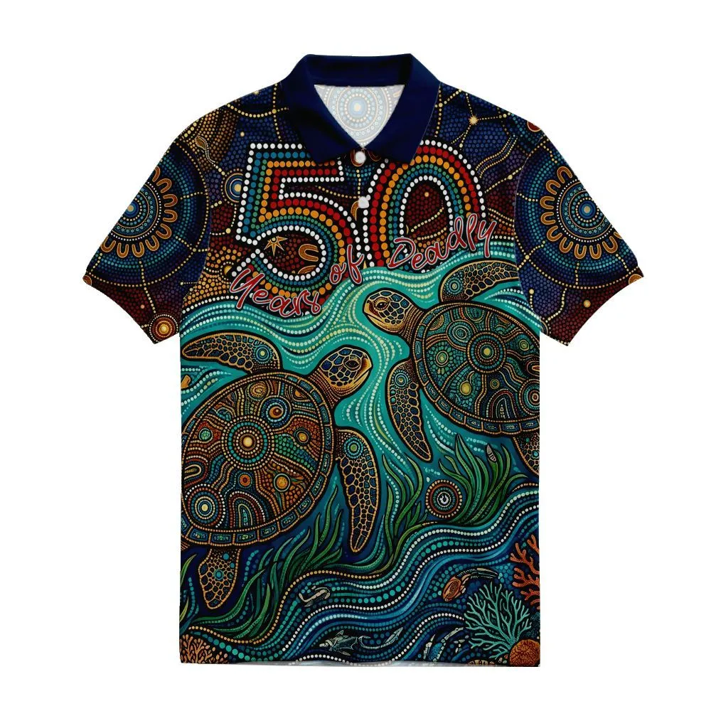 Aboriginal Dot Painting Polo Shirt NAIDOC 2026 Green Sea Turtle Dot Artwork