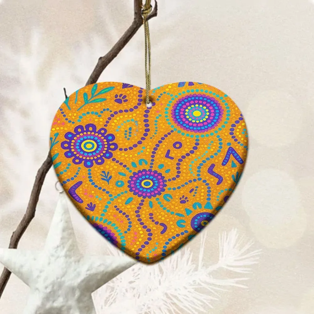 Aboriginal Dot Painting Ornament Waterway Orange Ceramic Ornament