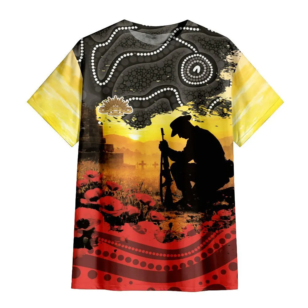 Lest We Forget T-Shirt Aboriginal Soldier Memorial Silhouette Red Poppy
