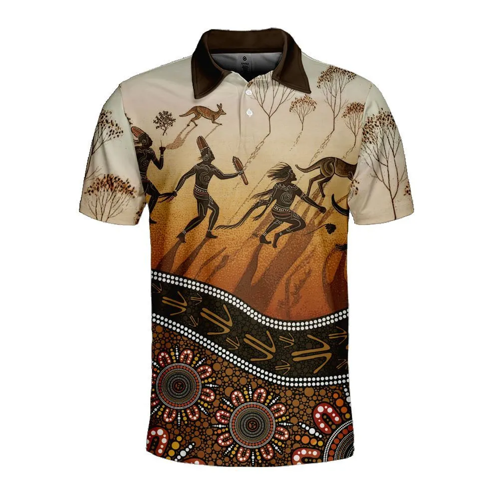 Aboriginal Dot Painting Men's Polo Shirt Hunting Kangaroo Orange Brown