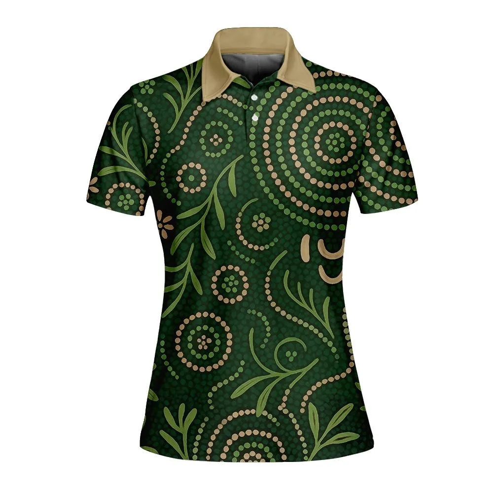 Aboriginal Dot Painting Women Polo Shirt Plants Pattern Green